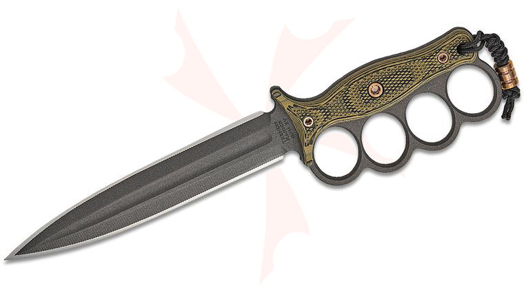 RMJ Tactical Trench Raider Fixed Blade Knife 7.19 inch CPM-3V Cobalt Gray Double Edge Dagger Blade, Dirty Olive G10 Handles, Brown Leather Sheath with Green Canvas, Lighter Included