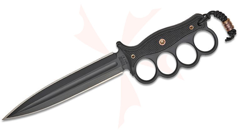 RMJ Tactical Trench Raider Fixed Blade Knife 7.19 inch CPM-3V Graphite Black Double Edge Dagger Blade, Black G10 Handles, Black Leather Sheath with Poppies of War Canvas, Lighter Included
