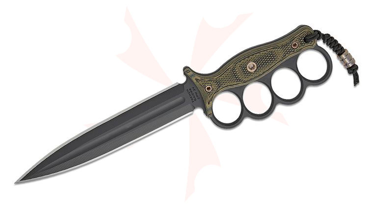 RMJ Tactical Trench Raider Fixed Blade Knife 7.19 inch CPM-3V Graphite Black Double Edge Dagger Blade, Dirty Olive G10 Handles, Black Leather Sheath with Woodland Camo Canvas, Lighter Included