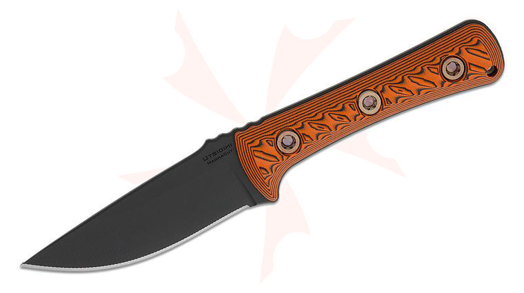 RMJ Tactical Utsidihi Pocket Fixed Blade Knife 3.5 inch MagnaCut Graphite Black Drop Point Blade, Orange and Black G10 Handles, Kydex IWB Sheath - KnifeCenter Exclusive