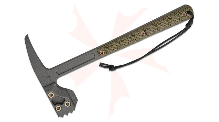RMJ Tactical Cuddles Warhammer with Spike 13.25 inch Overall, Tungsten Cerakote, Dirty Olive G10 Handles, Kydex Sheath with MOC Straps