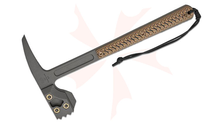 RMJ Tactical Cuddles Warhammer with Spike 13.25 inch Overall, Tungsten Cerakote, Hyena Brown G10 Handles, Kydex Sheath with MOC Straps