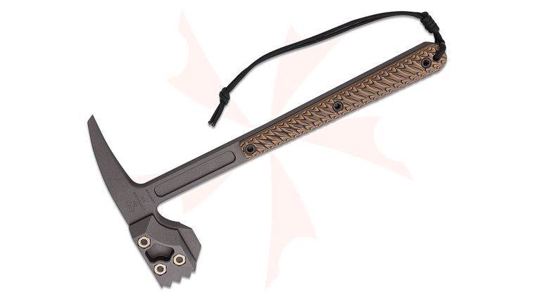 RMJ Tactical Cuddles Warhammer with Spike 13.25 inch Overall, Tungsten Cerakote, Hyena Brown G10 Handles, Kydex Sheath with MOC Straps