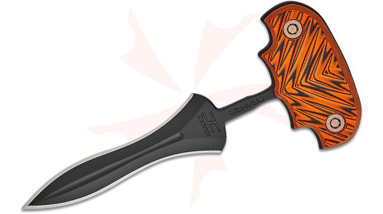 RMJ Tactical Reaver Push Dagger 4.25 inch Nitro-V Graphite Black Double Edge Dagger Blade, Black/Orange G10 Handles, Kydex Sheath - KnifeCenter Exclusive