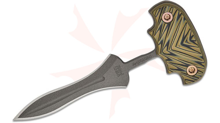 RMJ Tactical Reaver Push Dagger 4.25 inch Nitro-V Tungsten Double Edge Dagger Blade, Dirty Olive G10 Handles, Kydex Sheath
