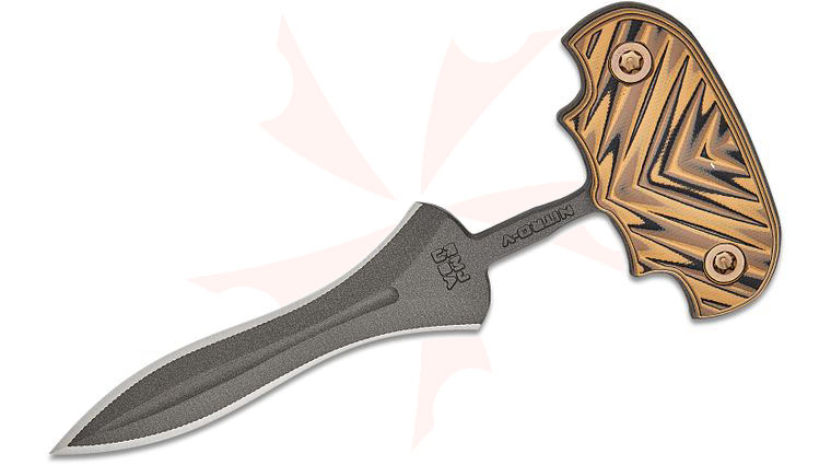 RMJ Tactical Reaver Push Dagger 4.25 inch Nitro-V Tungsten Double Edge Dagger Blade, Hyena Brown G10 Handles, Kydex Sheath