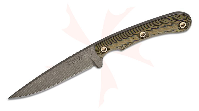 RMJ Tactical Sparrow Fixed Blade Knife 3.5 inch Nitro-V Tungsten Cerakote Drop Point Blade, Dirty Olive G10 Handles, Kydex Sheath