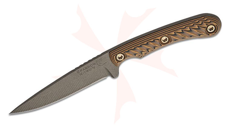 RMJ Tactical Sparrow Fixed Blade Knife 3.5 inch Nitro-V Tungsten Cerakote Drop Point Blade, Hyena Brown G10 Handles, Kydex Sheath