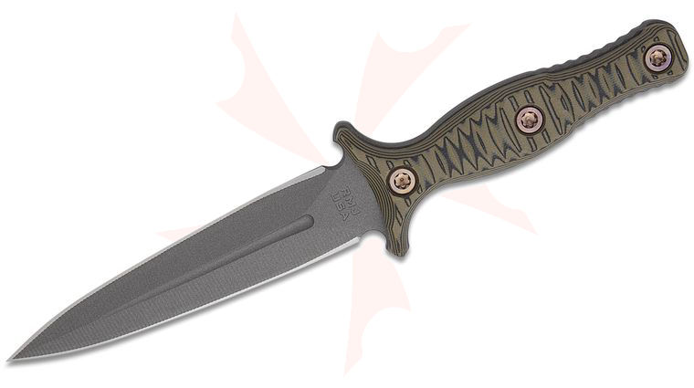 RMJ Tactical Raider Dagger Fixed Blade Knife 5.375 inch CPM-3V Tungsten Double Edge Dagger Blade, Dirty Olive G10 Handles, Kydex Sheath