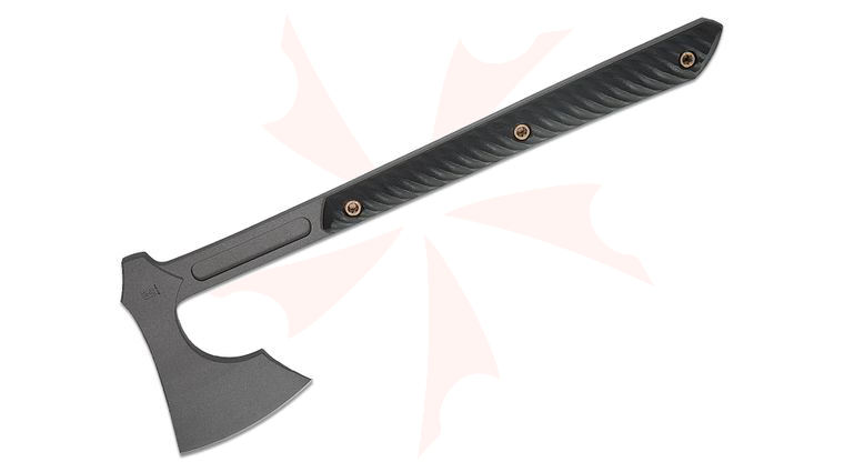 RMJ Tactical Raven Tomahawk 14.5 inch Overall, Tungsten Cerakote 80CrV2, Black G10 Handles, Kydex Sheath with MOC Straps