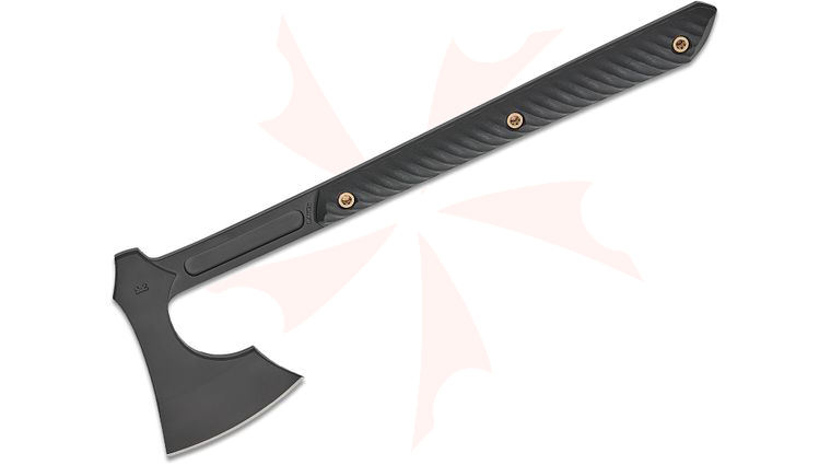 RMJ Tactical Raven Tomahawk 14.5 inch Overall, Graphite Black Cerakote 80CrV2, Black G10 Handles, Kydex Sheath with MOC Straps
