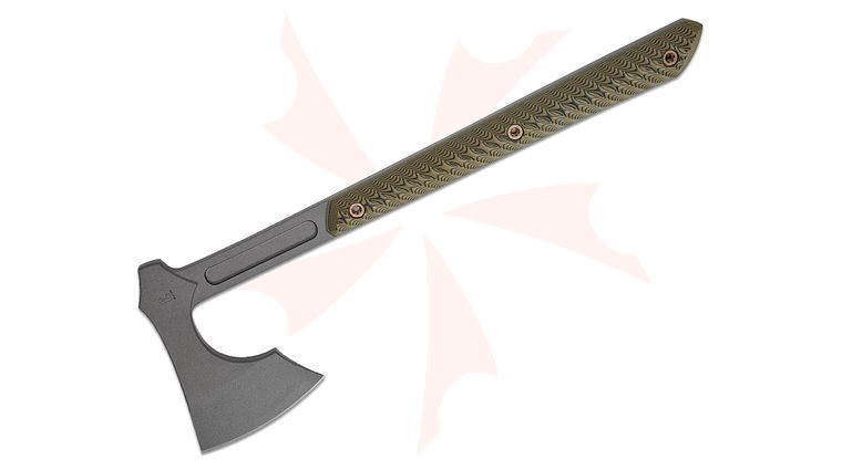 RMJ Tactical Raven Tomahawk 14.5 inch Overall, Tungsten Cerakote 80CrV2, Dirty Olive G10 Handles, Kydex Sheath with MOC Straps