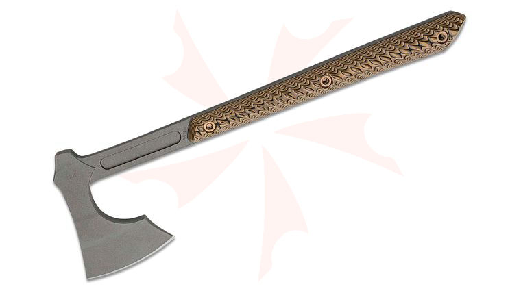 RMJ Tactical Raven Tomahawk 14.5 inch Overall, Tungsten Cerakote 80CrV2, Hyena Brown G10 Handles, Kydex Sheath with MOC Straps