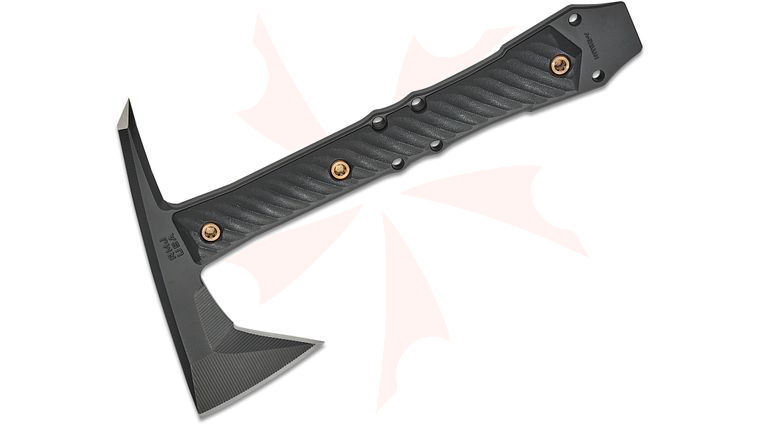 RMJ Tactical Dvalinn Tomahawk 10.25 inch Overall, Nitro-V Stainless Steel, Graphite Black Cerakote, Black G10 Handles, Kydex Sheath with MOC Straps