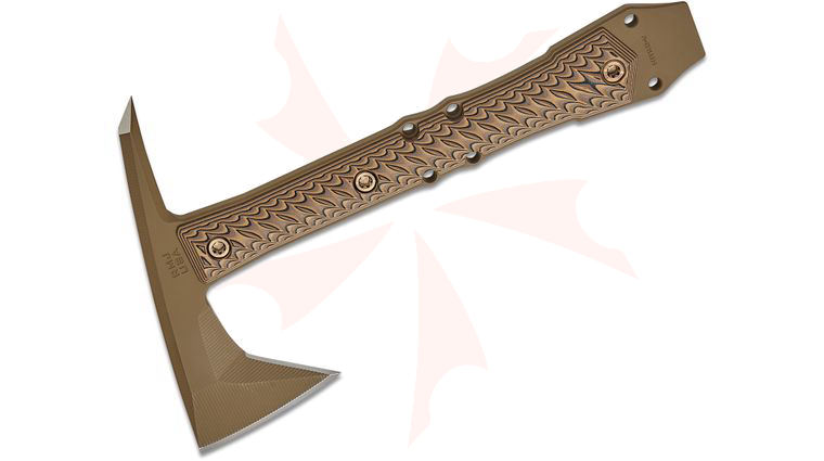 RMJ Tactical Dvalinn Tomahawk 10.25 inch Overall, Nitro-V Stainless Steel, Glock Flat Dark Earth Cerakote, Hyena Brown G10 Handles, Kydex Sheath with MOC Straps