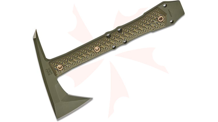 RMJ Tactical Dvalinn Tomahawk 10.25 inch Overall, Nitro-V Stainless Steel, OD Green Cerakote, Dirty Olive G10 Handles, Kydex Sheath with MOC Straps