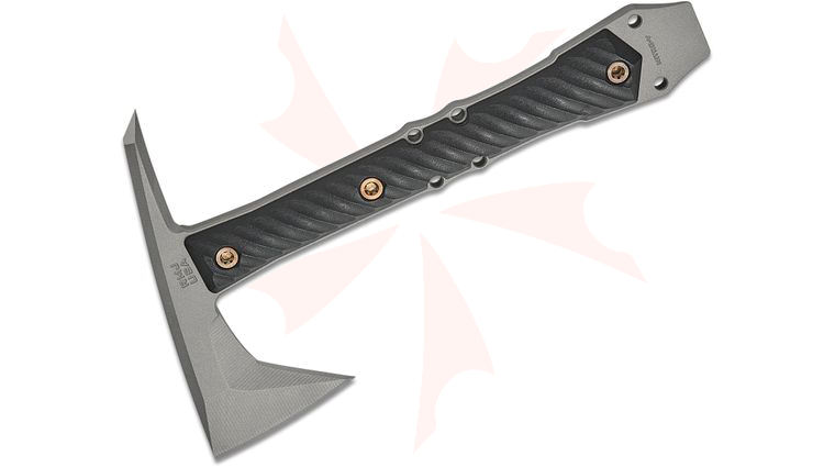 RMJ Tactical Dvalinn Tomahawk 10.25 inch Overall, Nitro-V Stainless Steel, Savage Stainless Cerakote, Black G10 Handles, Kydex Sheath with MOC Straps
