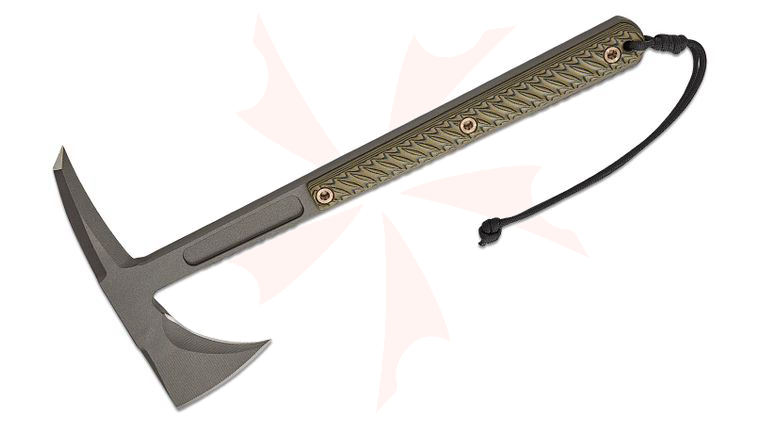 RMJ Tactical Limited Edition Kestrel Tomahawk 13 inch Overall, S7 Tool Steel, Tungsten Cerakote, Dirty Olive G10 Handles, Kydex Sheath with MOC Straps