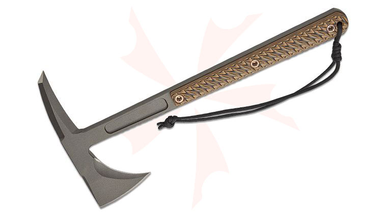 RMJ Tactical Limited Edition Kestrel Tomahawk 13 inch Overall, S7 Tool Steel, Tungsten Cerakote, Hyena Brown G10 Handles, Kydex Sheath with MOC Straps