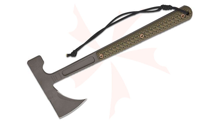 RMJ Tactical Kestrel Scout Light Tomahawk 13.25 inch Overall, Tungsten Cerakote, Hammer Head, Dirty Olive G10 Handles, Kydex Sheath with Low Ride Straps
