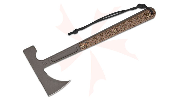 RMJ Tactical Kestrel Scout Light Tomahawk 13.25 inch Overall, Tungsten Cerakote, Hammer Head, Hyena Brown G10 Handles, Kydex Sheath with Low Ride Straps
