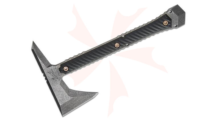 RMJ Tactical/Bawidamann Blades Ragnarok 12 Tomahawk 12 inch Overall, Acid Etched, Black G10 Handles, Kydex Sheath with Low Ride Straps
