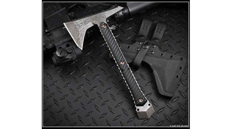 RMJ Tactical/Bawidamann Blades Ragnarok 12 Tomahawk 12 inch Overall, Acid Etched, Black G10 Handles, Kydex Sheath with Low Ride Straps