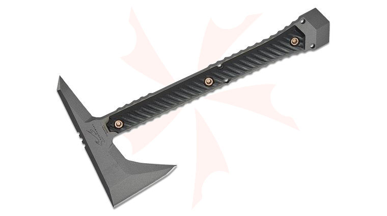 RMJ Tactical/Bawidamann Blades Ragnarok 12 Tomahawk 12 inch Overall, Tungsten Cerakote, Black G10 Handles, Kydex Sheath with Low Ride Straps