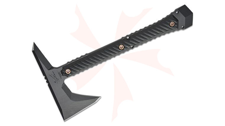 RMJ Tactical/Bawidamann Blades Ragnarok 12 Tomahawk 12 inch Overall, Graphite Black Cerakote, Black G10 Handles, Kydex Sheath with Low Ride Straps