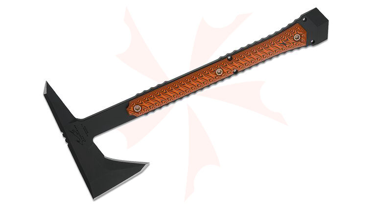 RMJ Tactical/Bawidamann Blades Ragnarok 14 Tomahawk 14 inch Overall, Graphite Black Cerakote, Black/Orange G10 Handles, Kydex Sheath with Low Ride Straps - KnifeCenter Exclusive