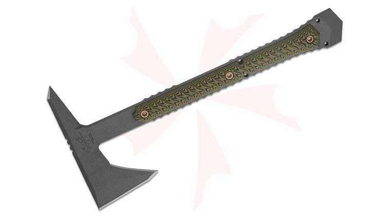 RMJ Tactical/Bawidamann Blades Ragnarok 14 Tomahawk 14 inch Overall, Tungsten Cerakote, Dirty Olive G10 Handles, Kydex Sheath with Low Ride Straps