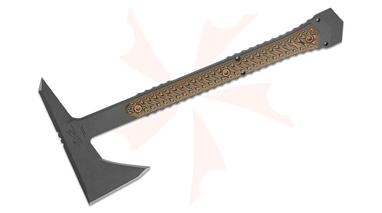 RMJ Tactical/Bawidamann Blades Ragnarok 14 Tomahawk 14 inch Overall, Tungsten Cerakote, Hyena Brown G10 Handles, Kydex Sheath with Low Ride Straps