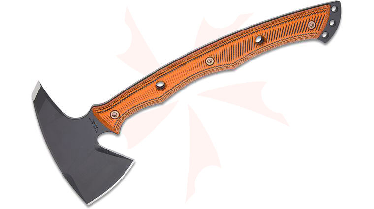 RMJ Tactical Storm Crow Tomahawk 14 inch Overall, Graphite Black Cerakote, Orange and Black G10 Handle, Kydex Sheath with MOC Straps - KnifeCenter Exclusive