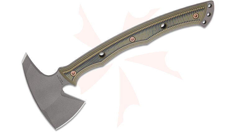 RMJ Tactical Storm Crow Tomahawk 14 inch Overall, Tungsten Gray Cerakote, Dirty Olive G10 Handle, Kydex Sheath with MOC Straps