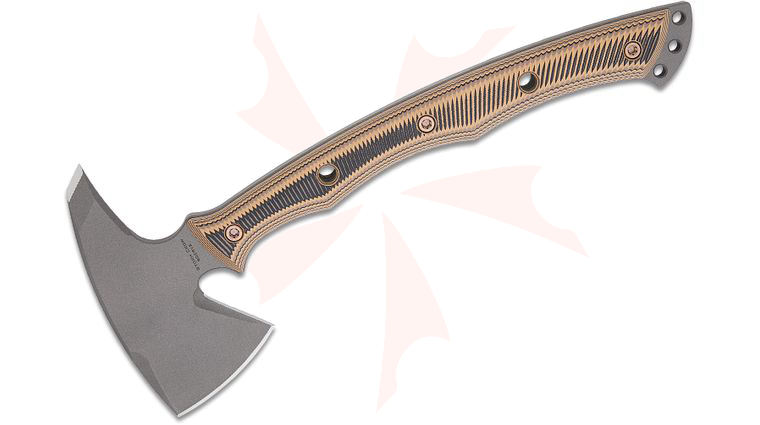 RMJ Tactical Storm Crow Tomahawk 14 inch Overall, Tungsten Gray Cerakote, Hyena Brown G10 Handle, Kydex Sheath with MOC Straps