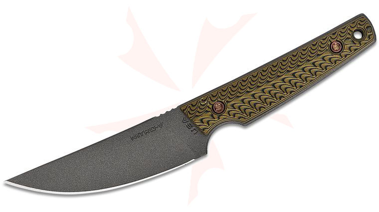 RMJ Tactical Unmei Fixed Blade Knife 4 inch Nitro-V Tungsten Cerakote Blade, Dirty Olive G10 Handles, Kydex Sheath