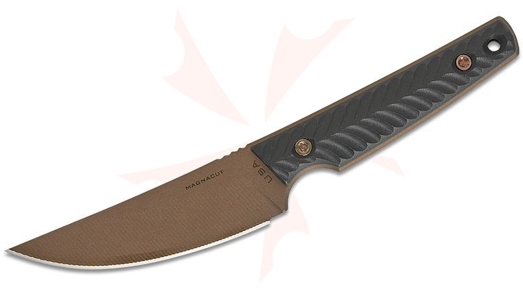 RMJ Tactical Unmei Fixed Blade Knife 4 inch MagnaCut Midnight Bronze Upswept Blade, Black G10 Handles, Kydex Sheath