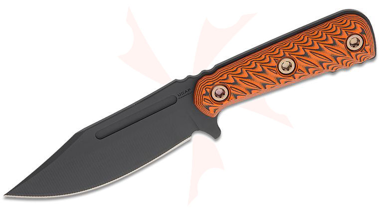 RMJ Tactical UCAP Up Close and Personal Fixed Blade Knife 4.25 inch MagnaCut Graphite Black Cerakote Bowie Blade, Orange and Black G10 Handles, Kydex Sheath - KnifeCenter Exclusive