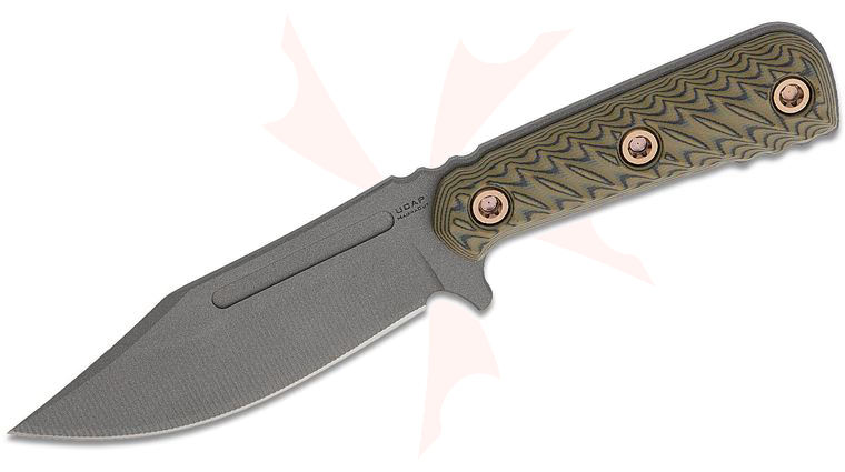 RMJ Tactical UCAP Up Close and Personal Fixed Blade Knife 4.25 inch MagnaCut Tungsten Cerakote Bowie Blade, Dirty Olive G10 Handles, Kydex Sheath 