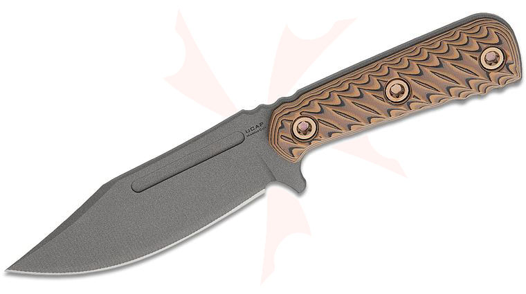 RMJ Tactical UCAP Up Close and Personal Fixed Blade Knife 4.25 inch MagnaCut Tungsten Cerakote Bowie Blade, Hyena Brown G10 Handles, Kydex Sheath 