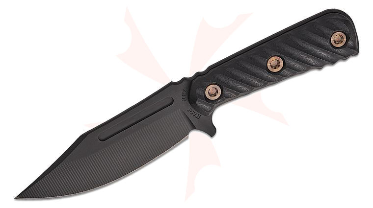 RMJ Tactical UCAP Up Close and Personal Fixed Blade Knife 4.25 inch Nitro-V Graphite Black Bowie Blade, Black G10 Handles, Kydex Sheath 
