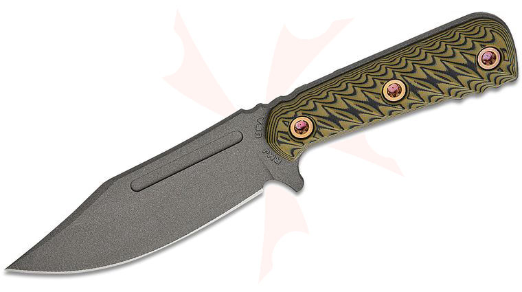 RMJ Tactical UCAP Up Close and Personal Fixed Blade Knife 4.25 inch Nitro-V Tungsten Cerakote Bowie Blade, Dirty Olive G10 Handles, Kydex Sheath 