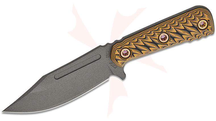 RMJ Tactical UCAP Up Close and Personal Fixed Blade Knife 4.25 inch Nitro-V Tungsten Cerakote Bowie Blade, Hyena Brown G10 Handles, Kydex Sheath 