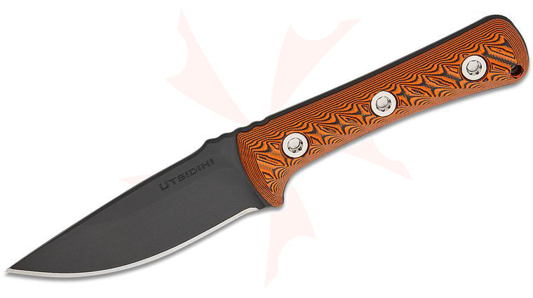 RMJ Tactical Utsidihi 2.0 Fixed Blade Knife 3.5 inch Nitro-V Graphite Black Drop Point Blade, Orange/Black G10 Handles, Kydex IWB Sheath - KnifeCenter Exclusive