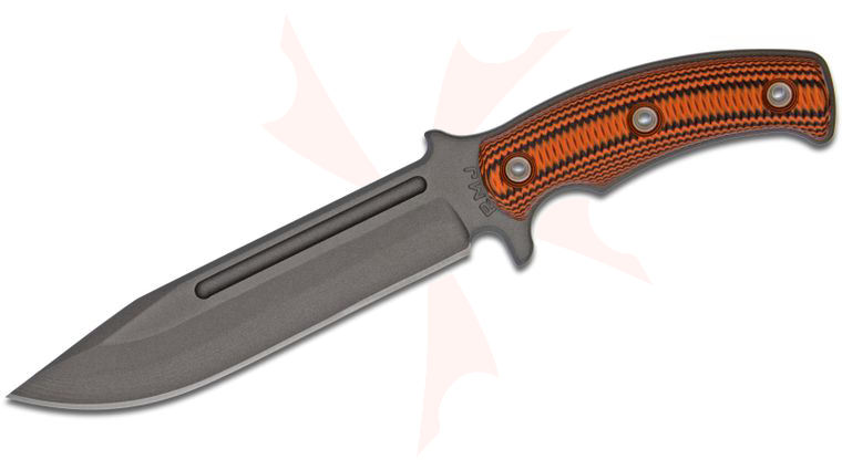 RMJ Tactical Combat Africa Fixed 7 inch 80CRV2 Carbon Blade, Black/Orange G10 Handles, Kydex Sheath with Low Ride Straps - KnifeCenter Exclusive