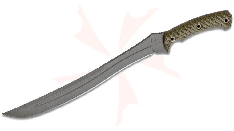 RMJ Tactical Drake Short Sword 11.25 inch CPM-3V Tungsten Cerakote Blade, Dirty Olive G10 Handles, Kydex Sheath with Low Ride Straps
