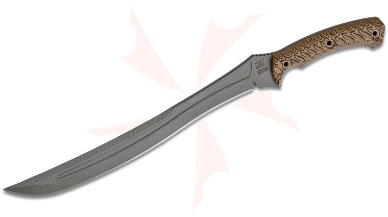 RMJ Tactical Drake Short Sword 11.25 inch CPM-3V Tungsten Cerakote Blade, Hyena Brown G10 Handles, Kydex Sheath with Low Ride Straps