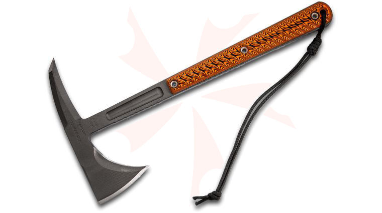 RMJ Tactical Kestrel Tomahawk 13 inch Overall, Black/Orange G10 Handle, Kydex Sheath with Low Ride Straps - KnifeCenter Exclusive