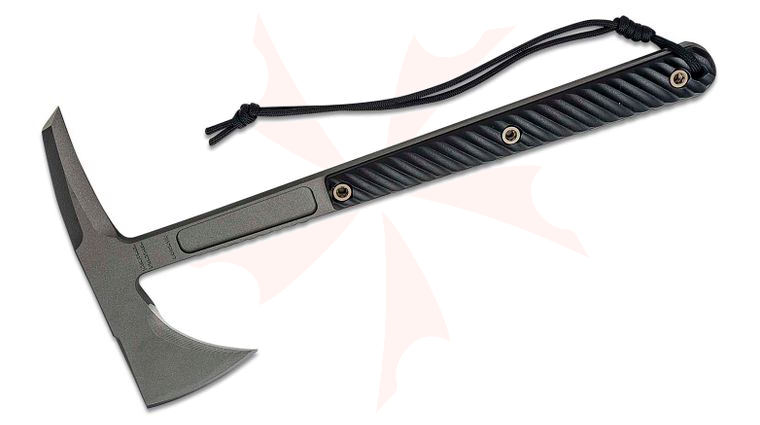 RMJ Tactical Kestrel Feather Tomahawk 13 inch Overall, Tungsten Cerakote, Black G10 Handle, Kydex Sheath with MOC Straps