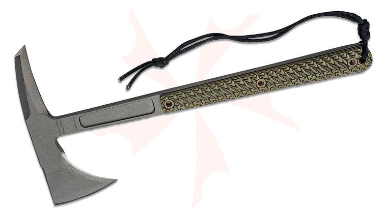 RMJ Tactical Kestrel Feather Tomahawk 13 inch Overall, Tungsten Cerakote, Dirty Olive G10 Handle, Kydex Sheath with MOC Straps